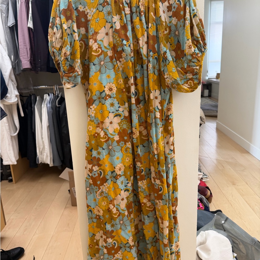 Sundry Vintage Inspired Floral Midi Dress in Mustard and Sky Blue - Picture 3 of 3